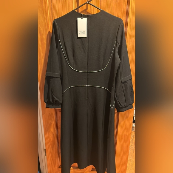 Junees Black Midi Dress Long Sleeve with White Stripe Pattern - Picture 2 of 5